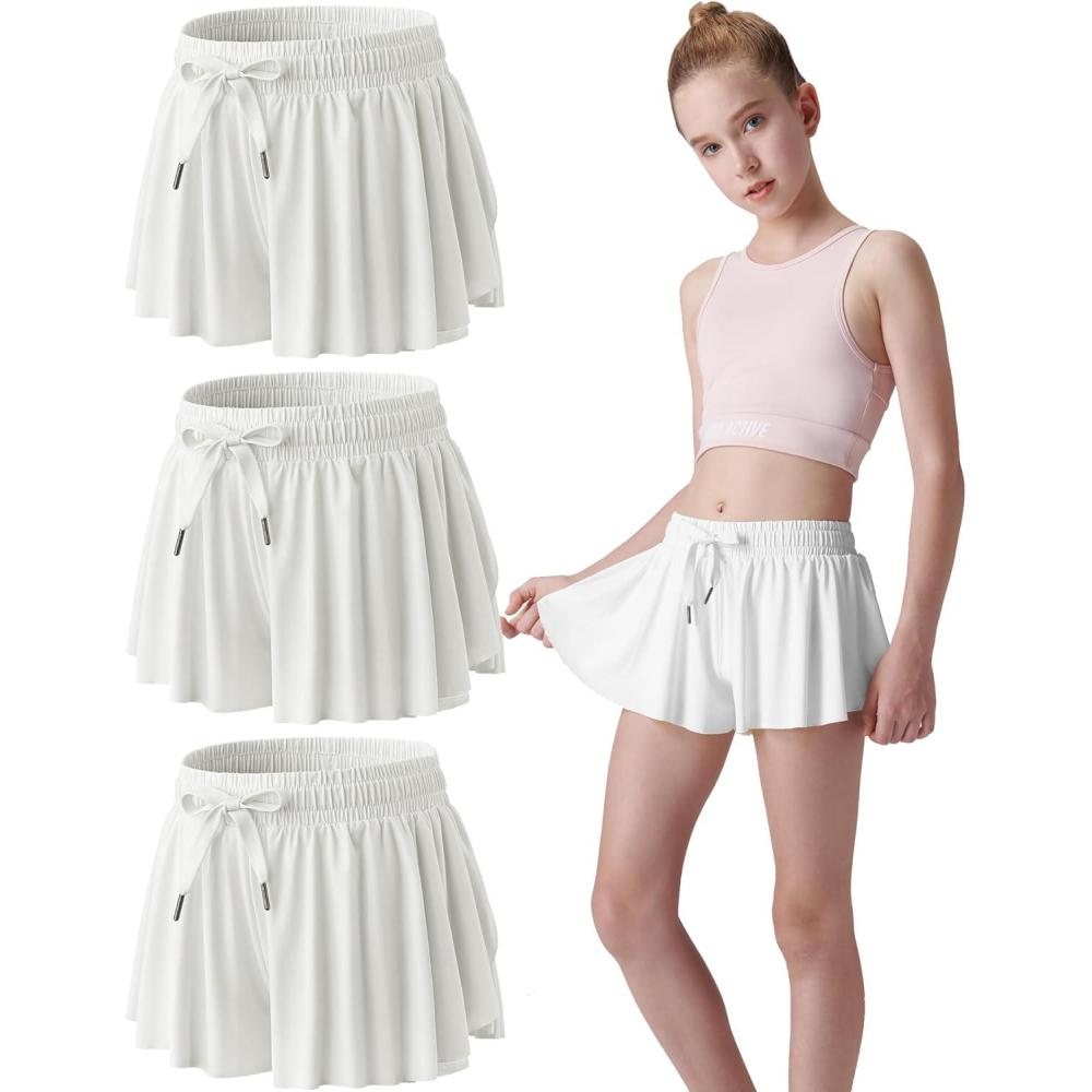 image3 Pack Girls Flowy Shorts with Spandex Liner 2in1 Youth Butterfly Skirts for Fitness Running SportsWhiteWhiteWhite