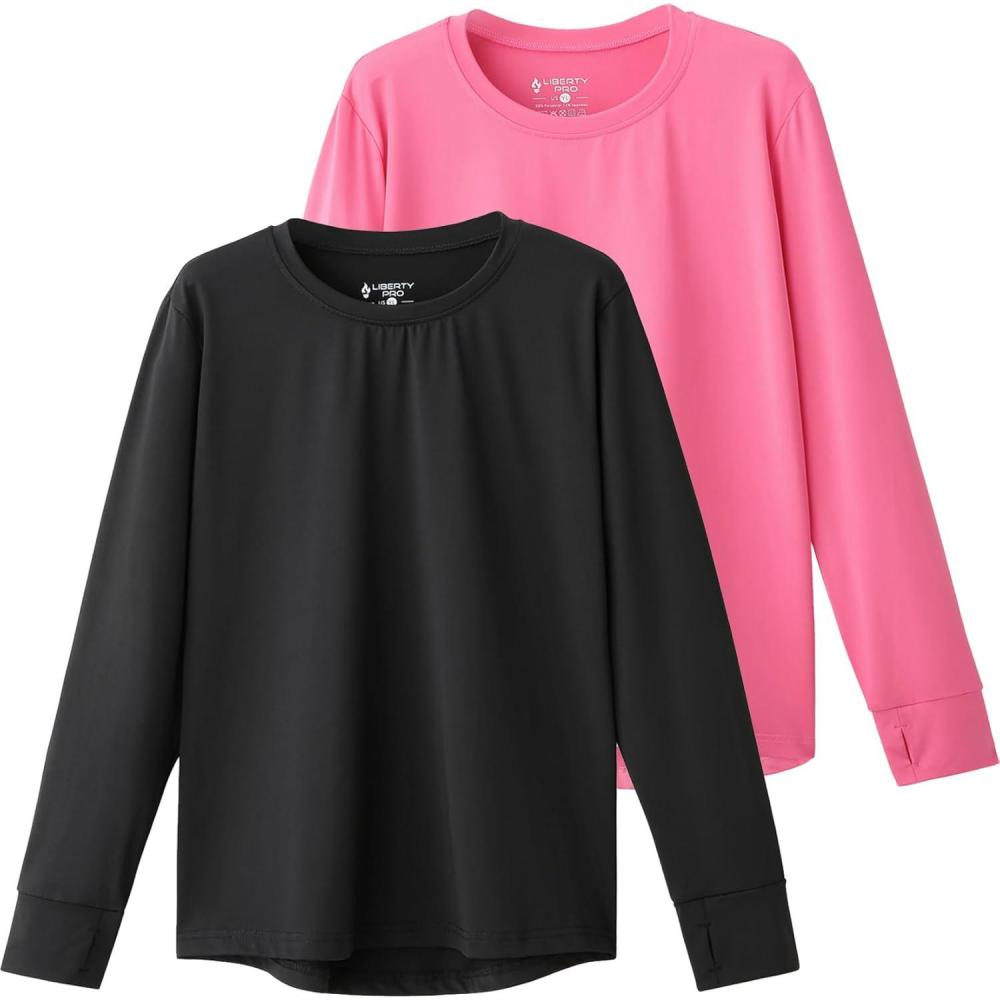 image3 Pack Youth Girls Long Sleeve Shirts Active Dry Fit Athletic Performance Clothes Kids Teens Tees with Thumbholes2pack BlackPink