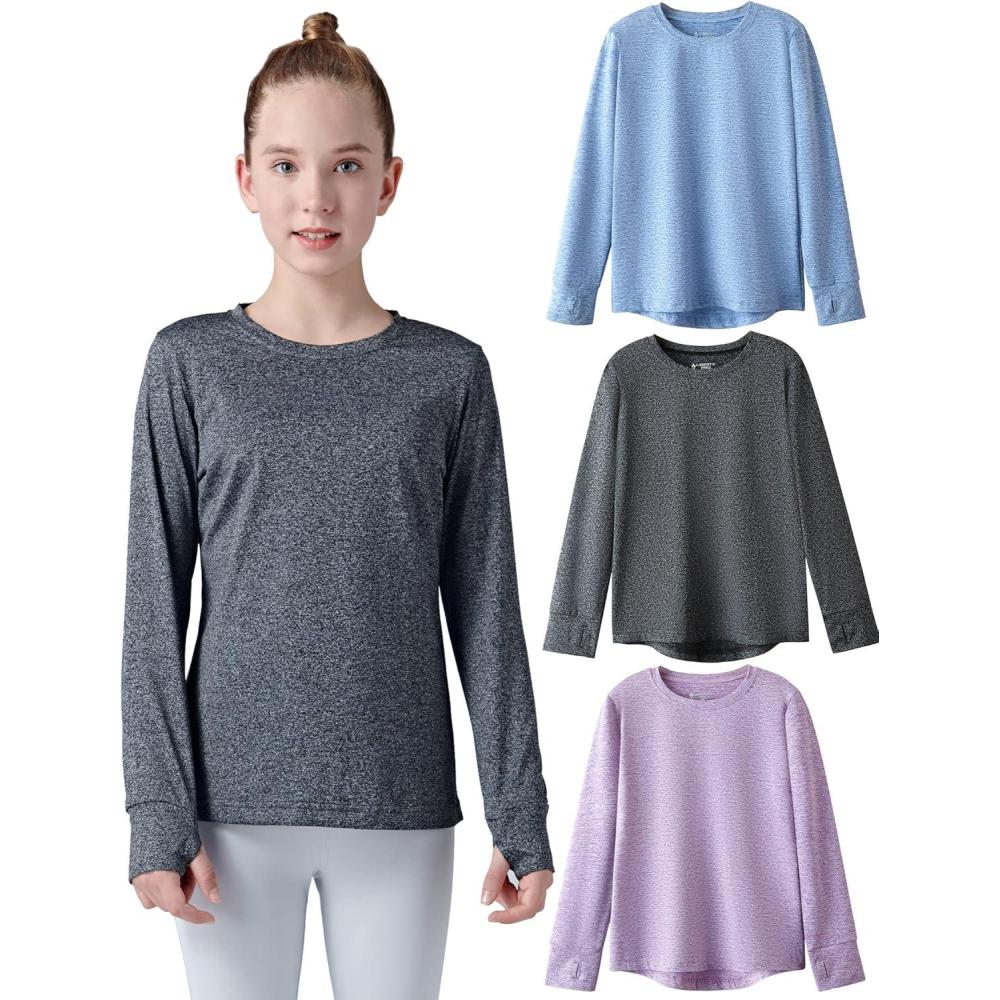 image3 Pack Youth Girls Long Sleeve Shirts Active Dry Fit Athletic Performance Clothes Kids Teens Tees with ThumbholesHeather LavenderBlackLight Blue