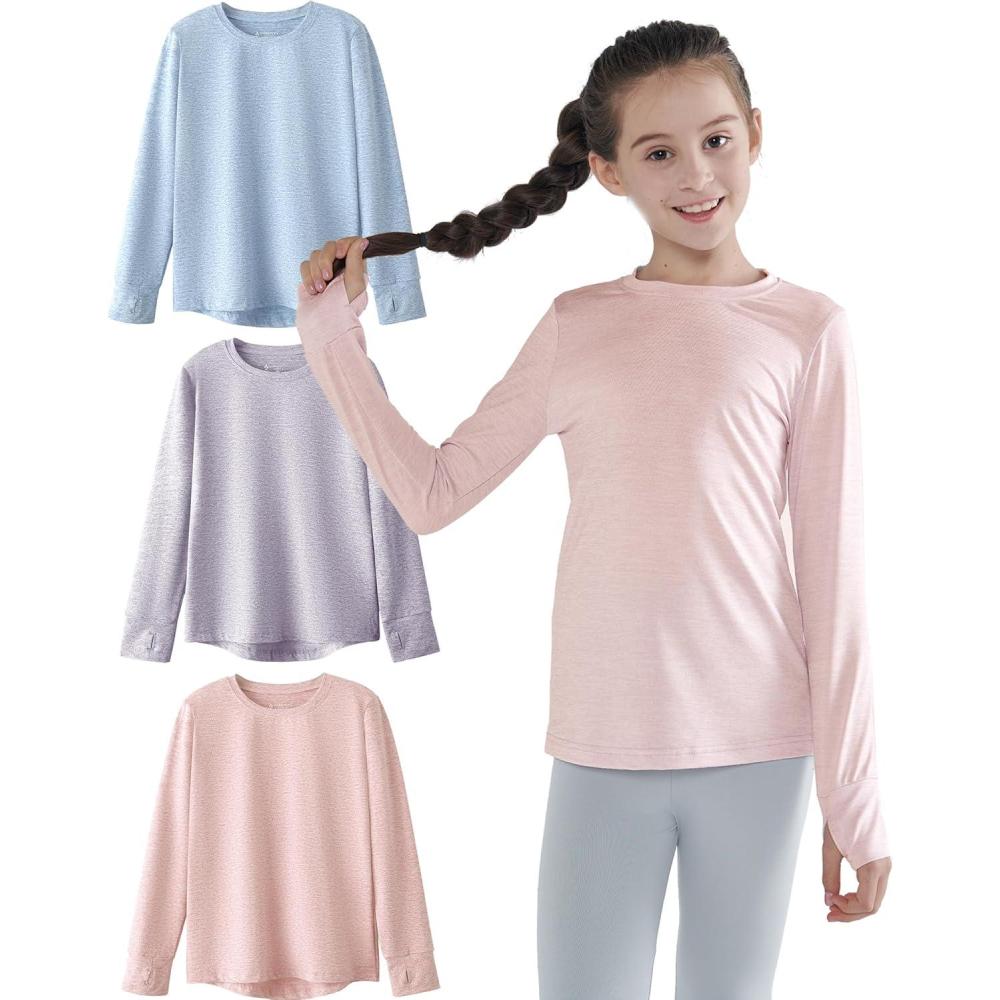 image3 Pack Youth Girls Long Sleeve Shirts Active Dry Fit Athletic Performance Clothes Kids Teens Tees with ThumbholesPastel PinkLavenderBlue