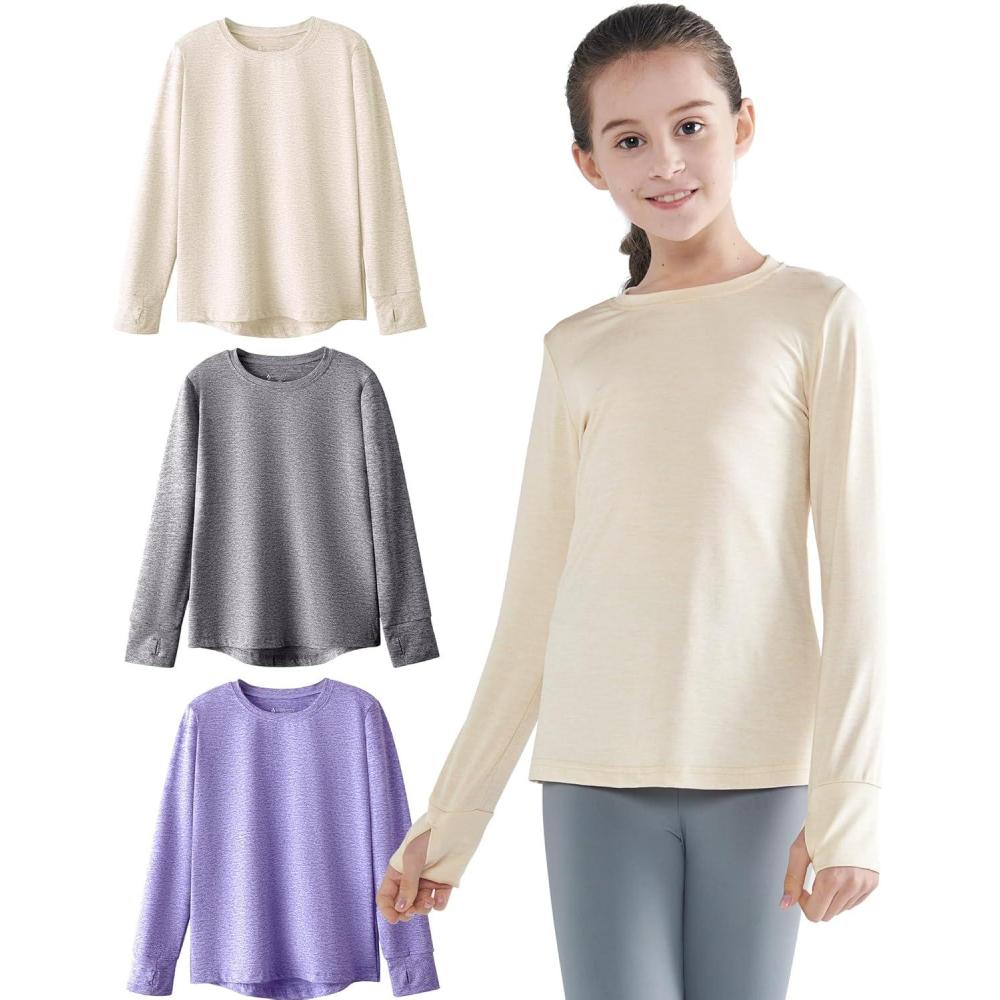 image3 Pack Youth Girls Long Sleeve Shirts Active Dry Fit Athletic Performance Clothes Kids Teens Tees with ThumbholesWhisper PinkSonar BlueMetallic Silver