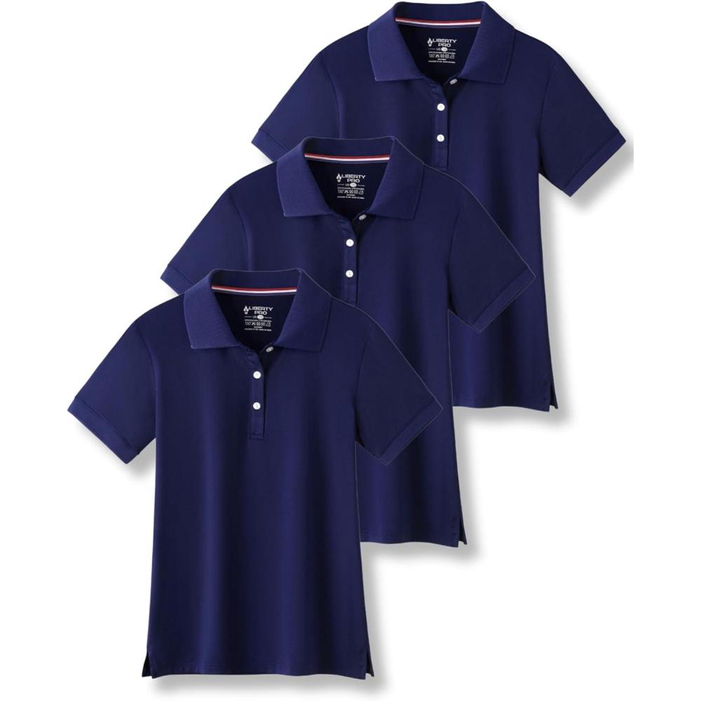 image3 Pack Youth Girls Performance Polo Shirts Short Sleeve Pique Collared Kids School Uniform TopsNavy