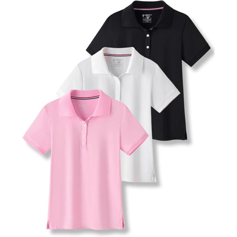 image3 Pack Youth Girls Performance Polo Shirts Short Sleeve Pique Collared Kids School Uniform TopsPinkBlackWhite