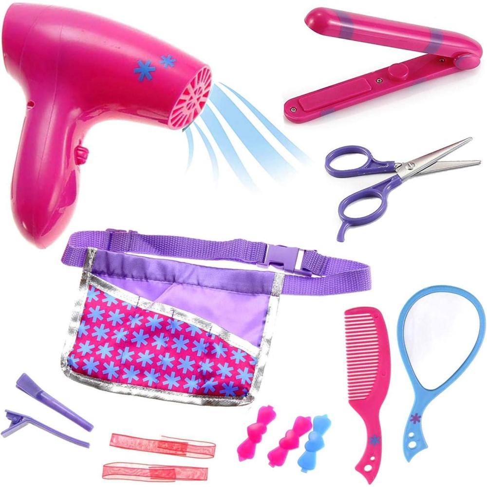 imageBeauty Hair Stylist Set  Boutique Beauty Salon Fashion Pretend Play Set for Girls with Toy Blow Dryer Curler Scissors Comb Mirror ampamp Other Styling Tools