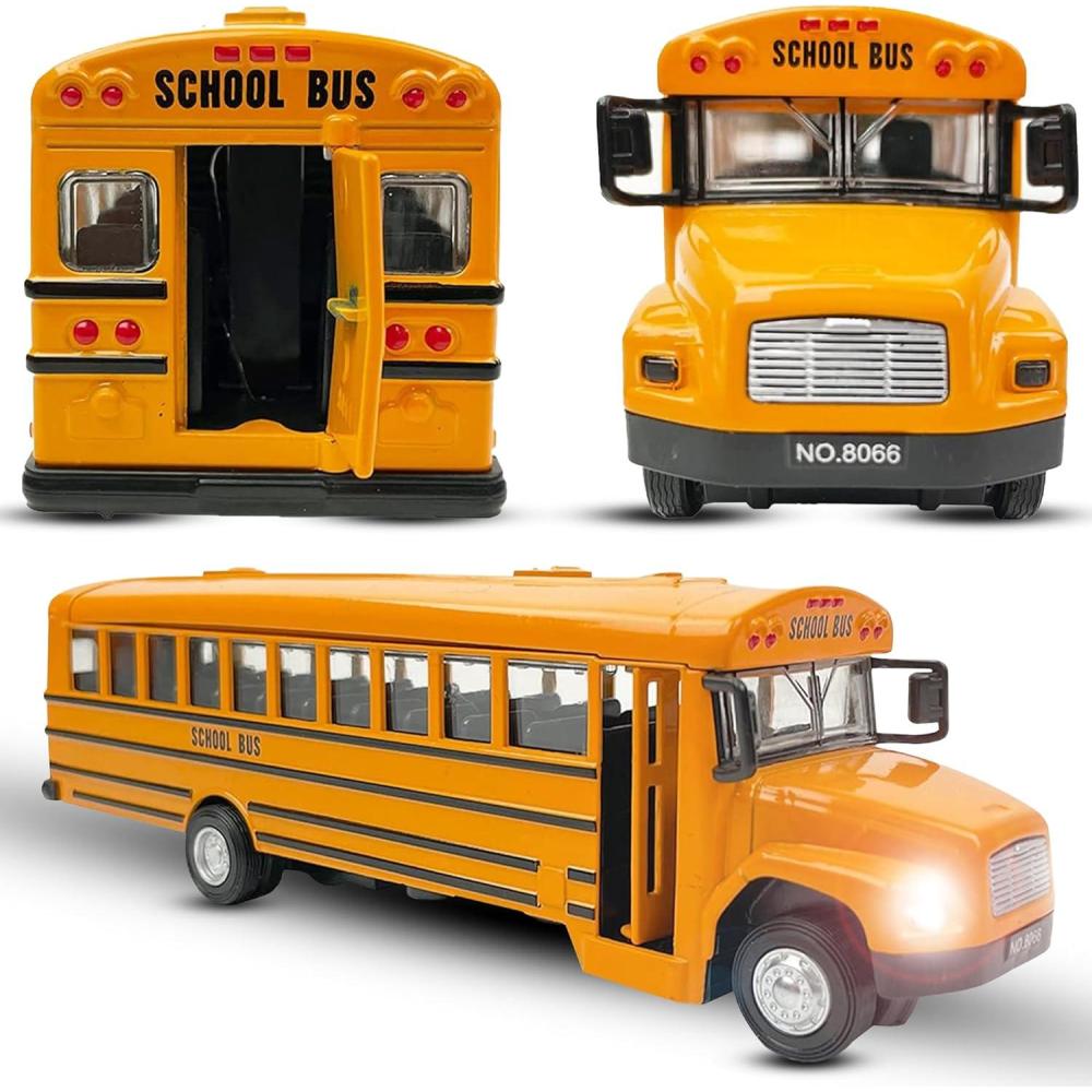 imageDiecast Yellow School Bus Model Toy 8quot Pullback Die Cast Model Vehicle for Kids with Rubber Tires Opening Doors Lights and Sounds