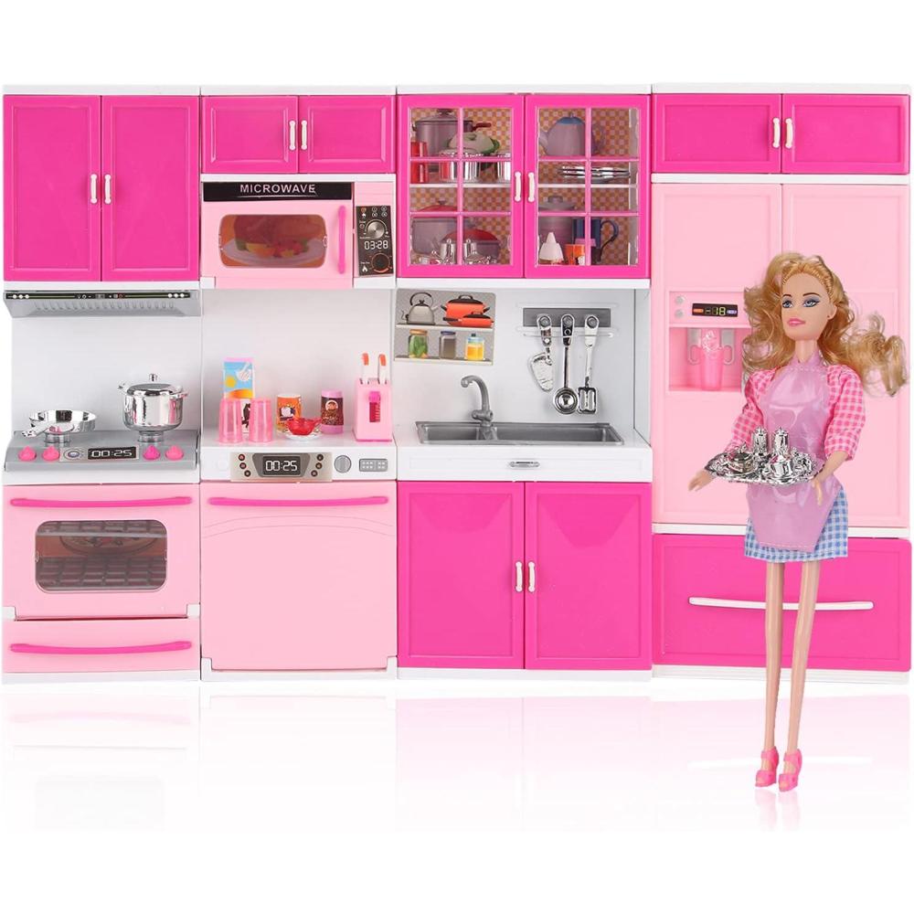 imageDoll Kitchen Playset for Kids My Modern Mini Kitchen House Furniture Pretend Play Toy Accessories Set with Realistic Lights ampamp Sounds for Toddlers Girls 5in1 Kitchen Set4in1 Kitchen Set w DOLL