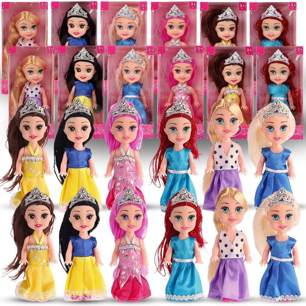 imageLiberty Imports 12 Pack Little Royal Princess Dolls Mini Pocket Size Toddler Toys Fantasy Pretend Play Set with Dress Accessories for Kids Girls Dollhouse Party Favors 45inches45inches