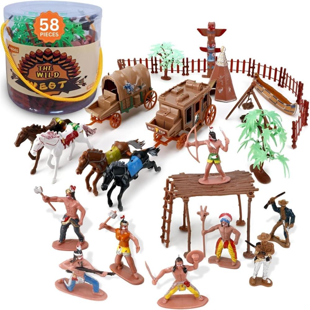 imageLiberty Imports 58 PCS Wild West Cowboys and Indians Plastic Figures Play Set Educational Toys Bucket of Native American Indians Plastic Action Soldiers Figurines and Accessories