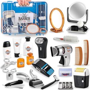 24 Pcs Barber Shop Pretend Play Toy – My First Shaving and Grooming Haircut Kit Toddler Role Play Set with Styling Accessories & Storage Box for Kids, Boys