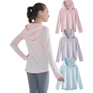 3 Pack Athletic Girls Long Sleeve Shirts with Thumb Holes, Workout Hoodies for Kids, Hooded Shirt Pullover Tops(Pastel Pink/Lavende/Blue)
