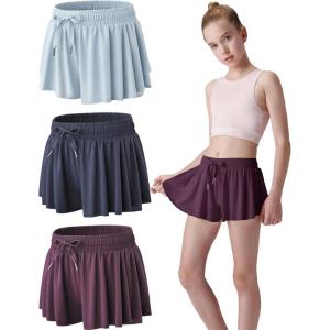 3 Pack Girls Flowy Shorts with Spandex Liner 2-in-1 Youth Butterfly Skirts for Fitness, Running, Sports(Arctic Ice/Grape Nectar/Nightshadow Blue)