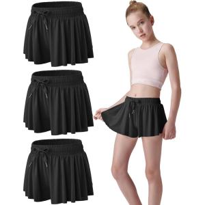 3 Pack Girls Flowy Shorts with Spandex Liner 2-in-1 Youth Butterfly Skirts for Fitness, Running, Sports(Black/Black/Black)