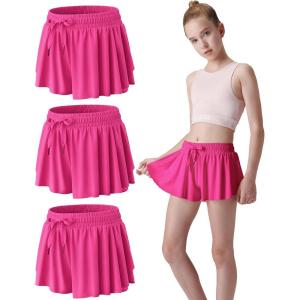 3 Pack Girls Flowy Shorts with Spandex Liner 2-in-1 Youth Butterfly Skirts for Fitness, Running, Sports(Bright Pink)