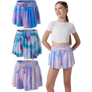 3 Pack Girls Flowy Shorts with Spandex Liner 2-in-1 Youth Butterfly Skirts for Fitness, Running, Sports(Cosmic Prints)