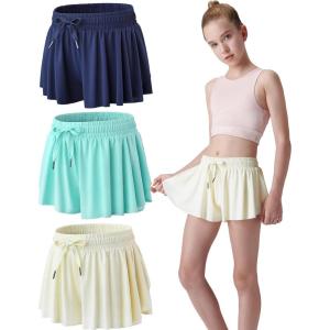3 Pack Girls Flowy Shorts with Spandex Liner 2-in-1 Youth Butterfly Skirts for Fitness, Running, Sports(Cream/Aqua/Navy)