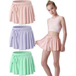 3 Pack Girls Flowy Shorts with Spandex Liner 2-in-1 Youth Butterfly Skirts for Fitness, Running, Sports(Honey Dew/Lavender Blue/Heavenly Pink)