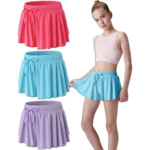 3 Pack Girls Flowy Shorts with Spandex Liner 2-in-1 Youth Butterfly Skirts for Fitness, Running, Sports(Lavender/Baby Blue/Hot Pink)