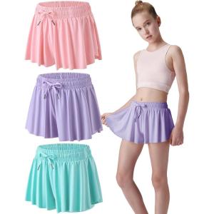 3 Pack Girls Flowy Shorts with Spandex Liner 2-in-1 Youth Butterfly Skirts for Fitness, Running, Sports(Lavender/Rose Pink/Aqua)