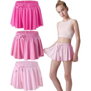 3 Pack Girls Flowy Shorts with Spandex Liner 2-in-1 Youth Butterfly Skirts for Fitness, Running, Sports(Light Pink/Pink/Hot Pink)