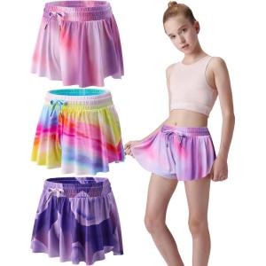 3 Pack Girls Flowy Shorts with Spandex Liner 2-in-1 Youth Butterfly Skirts for Fitness, Running, Sports(Ombre)