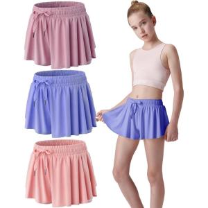 3 Pack Girls Flowy Shorts with Spandex Liner 2-in-1 Youth Butterfly Skirts for Fitness, Running, Sports(Peach/Periwinkle/Red Violet)