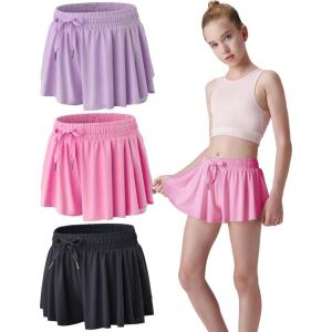 3 Pack Girls Flowy Shorts with Spandex Liner 2-in-1 Youth Butterfly Skirts for Fitness, Running, Sports(Pink/Lavender/Black)