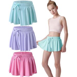 3 Pack Girls Flowy Shorts with Spandex Liner 2-in-1 Youth Butterfly Skirts for Fitness, Running, Sports(Pink/Mint/Light Lavender)
