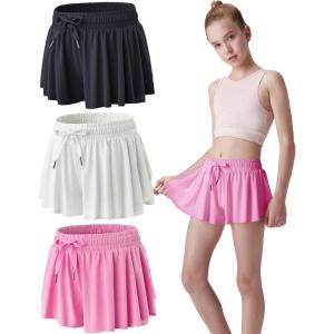 3 Pack Girls Flowy Shorts with Spandex Liner 2-in-1 Youth Butterfly Skirts for Fitness, Running, Sports(Pink/White/Black)