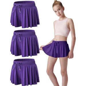 3 Pack Girls Flowy Shorts with Spandex Liner 2-in-1 Youth Butterfly Skirts for Fitness, Running, Sports(Purple)