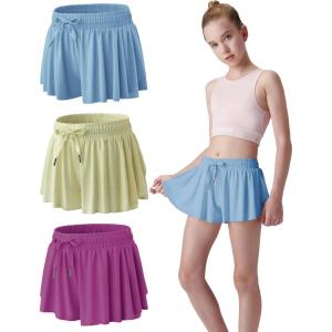 3 Pack Girls Flowy Shorts with Spandex Liner 2-in-1 Youth Butterfly Skirts for Fitness, Running, Sports(Purple Wine/Yellow Pear/Dusk Blue)