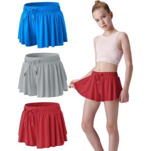 3 Pack Girls Flowy Shorts with Spandex Liner 2-in-1 Youth Butterfly Skirts for Fitness, Running, Sports(Red/Gray/Blue)