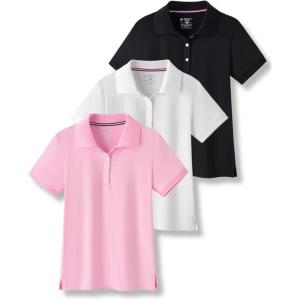 3 Pack Youth Girls’ Performance Polo Shirts, Short Sleeve Pique Collared Kids School Uniform Tops(Pink/Black/White)