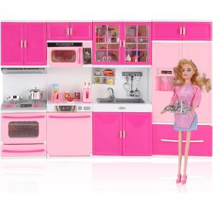 Doll Kitchen Playset for Kids, My Modern Mini Kitchen House Furniture Pretend Play Toy Accessories Set with Realistic Lights & Sounds for Toddlers, Girls (5-in-1 Kitchen Set)(4-in-1 Kitchen Set w/ DOLL)