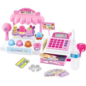 Ice Cream Store Mini Cash Register with Pretend Play Desserts, Working Scanner, Calculator, Microphone, Money and Credit Card