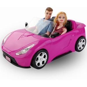 Liberty Imports Doll-Sized Convertible Car for Dolls – 2-Seater Pink Vehicle with Rolling Wheels, Seat Belts w/ Two 11.5″ Dolls Included