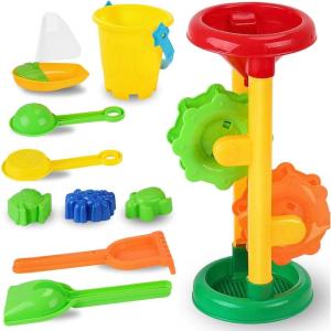 Liberty Imports Double Sand & Water Wheel Tower Beach Toy Set w/Built-in Funnel, Sieve, Bucket, Shovel, Rake, Animal Molds for Kids, Toddlers Play