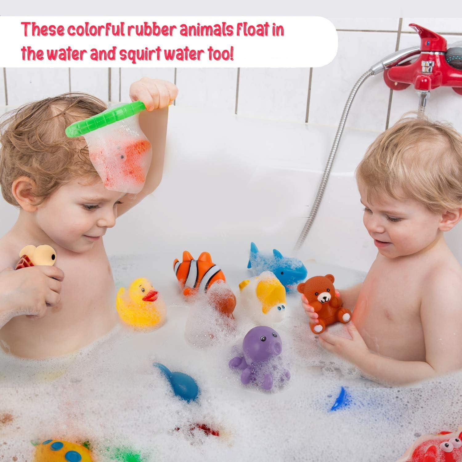image15 PCS Ocean Animals Rubber Bath Toy Water Squirters with Floating Bathtub Squeeze and Play Soft Sea Creatures anf Fishing Net for Baby Toddlers and Kids