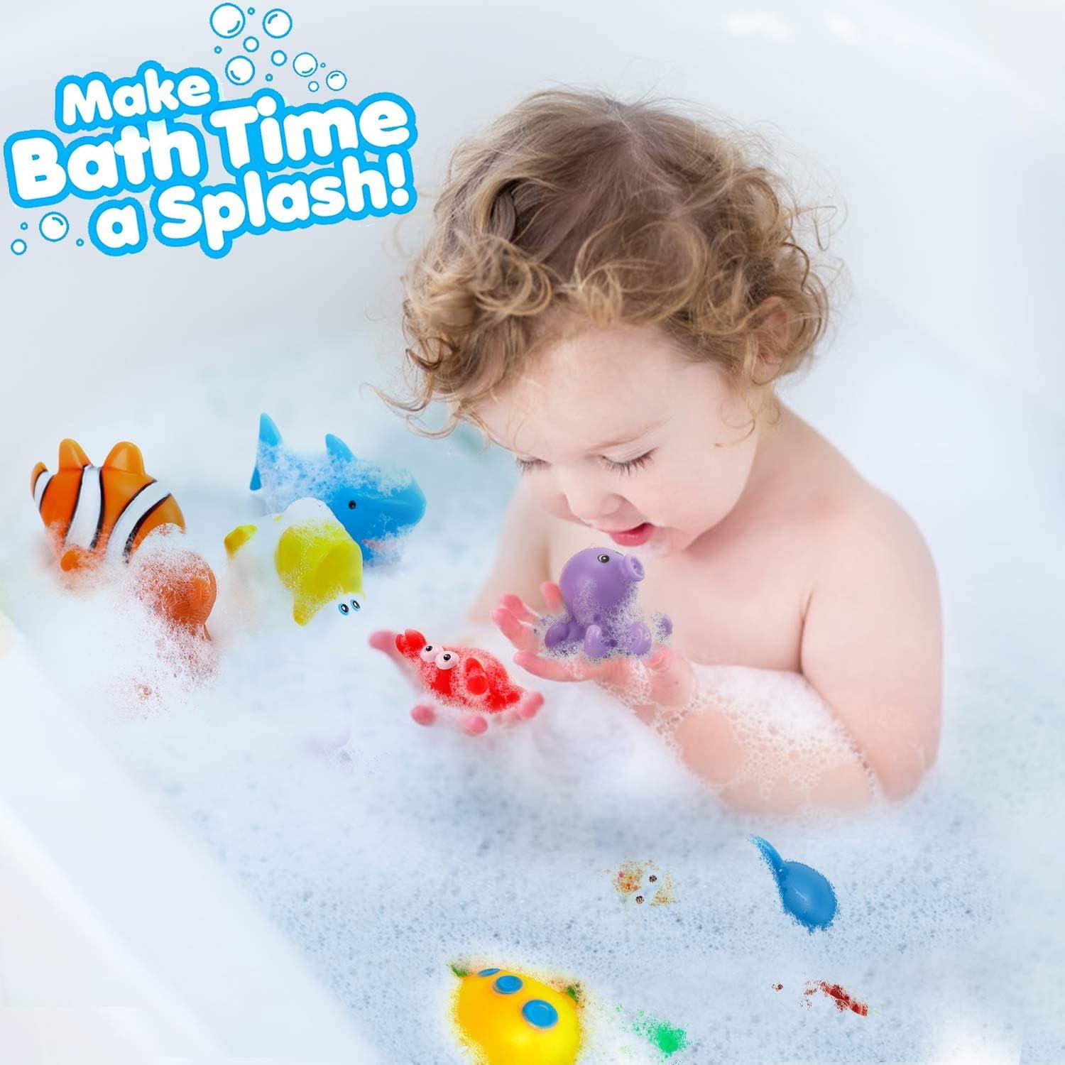 image15 PCS Ocean Animals Rubber Bath Toy Water Squirters with Floating Bathtub Squeeze and Play Soft Sea Creatures anf Fishing Net for Baby Toddlers and Kids