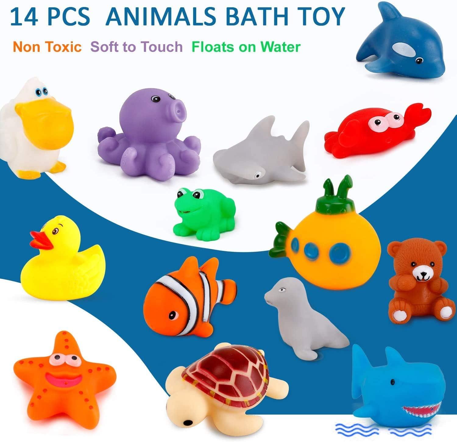 image15 PCS Ocean Animals Rubber Bath Toy Water Squirters with Floating Bathtub Squeeze and Play Soft Sea Creatures anf Fishing Net for Baby Toddlers and Kids