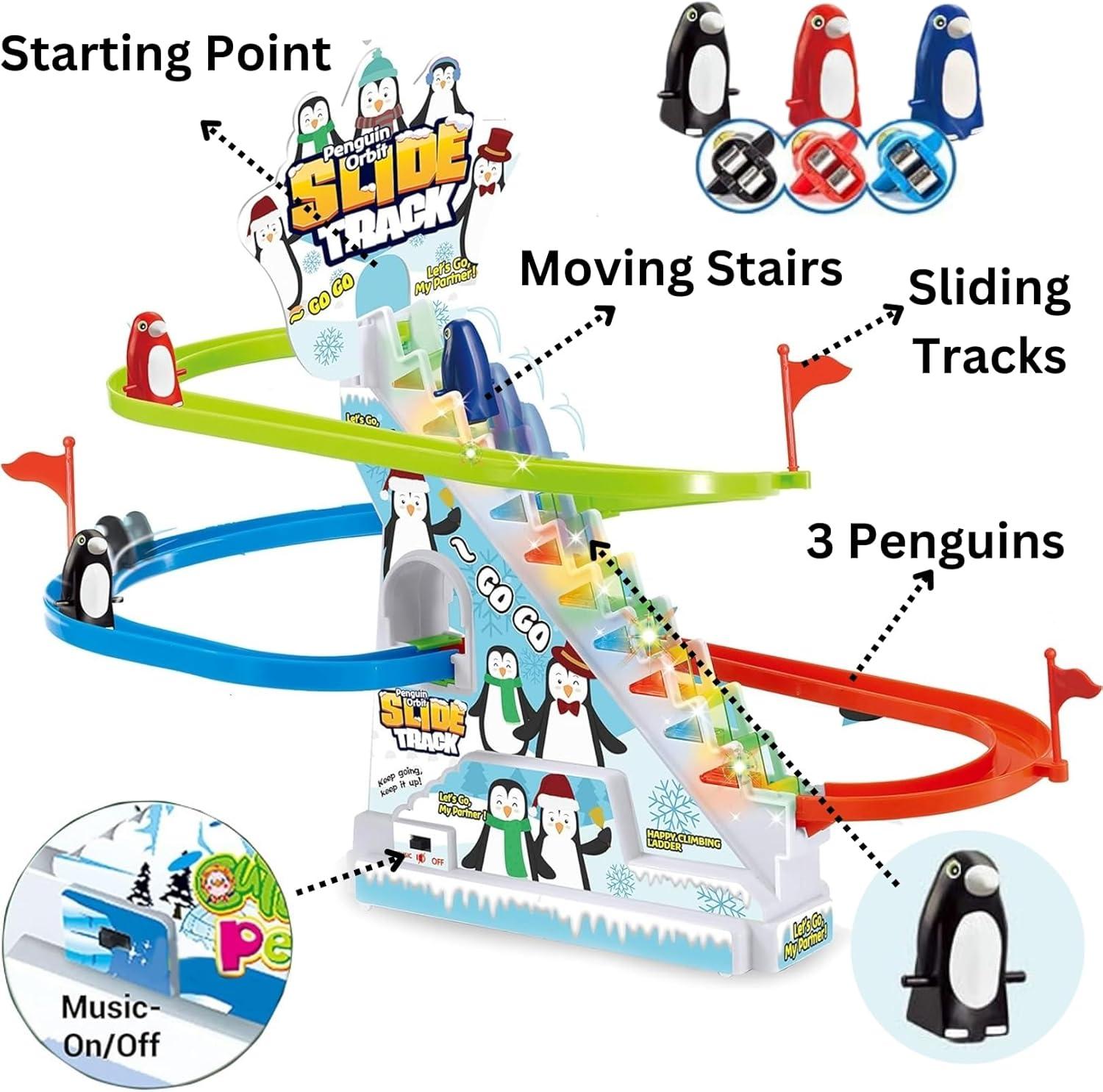 imageMusical Orbit Chasing Race Track Game Set Playful Roller Coaster Playset with Led Flashing Lights and Music OnOff Button for Toddlers ad Kids PenguinPenguin