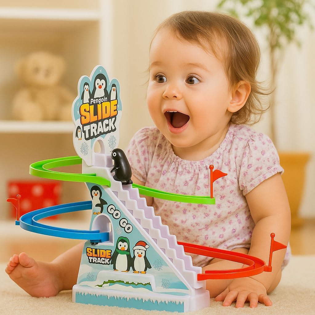 imageMusical Orbit Chasing Race Track Game Set Playful Roller Coaster Playset with Led Flashing Lights and Music OnOff Button for Toddlers ad Kids PenguinPenguin