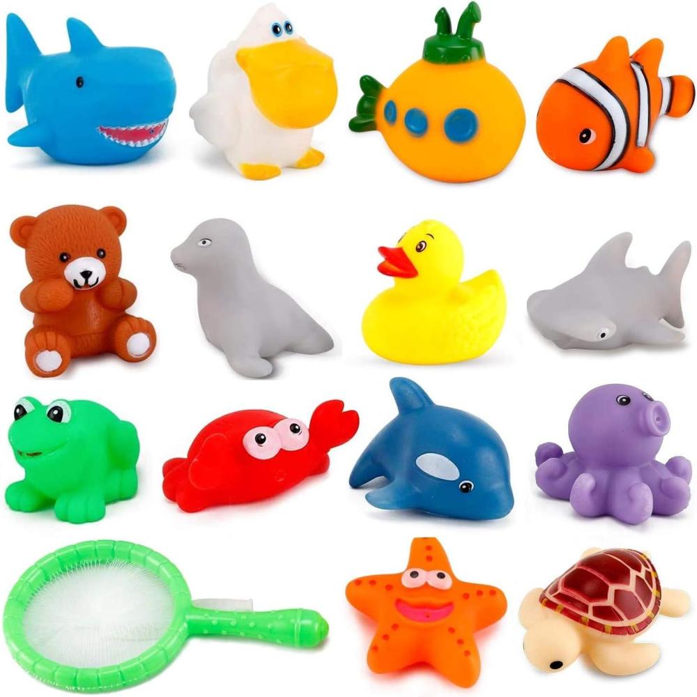 image15 PCS Ocean Animals Rubber Bath Toy Water Squirters with Floating Bathtub Squeeze and Play Soft Sea Creatures anf Fishing Net for Baby Toddlers and Kids