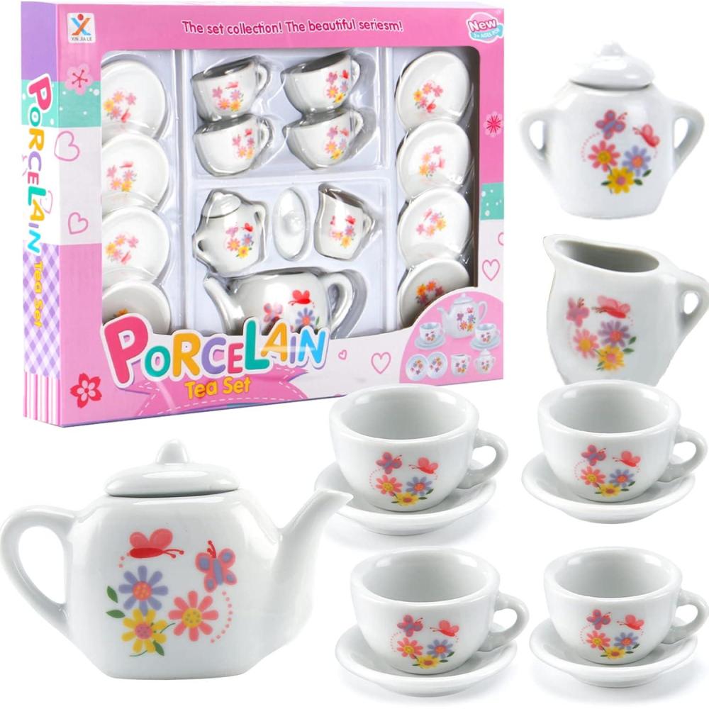 image16 Piece Rose Flower Miniature Porcelain Ceramic Tea Set Kids Toy Mini Pretend Play Kitchen Decorated Playset Small Party Accessories Teapot Cups Sugar Bowl and Creamer