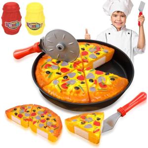 11 PCS Pizza Party Toy Play Set for Kids, Pizza Pie Pretend Play Food – Slice and Serve Plastic Kitchen Cooking and Cutting Playset