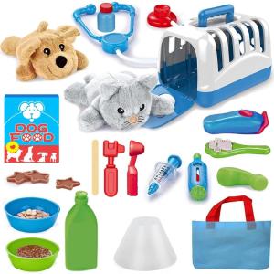 Deluxe Complete Vet Pet Care Play Set | Veterinarian Pretend Doctor Role Play Grooming Toy Kit with Plush Dog & Cat (34 Pcs)