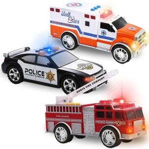 Liberty Imports 3-in-1 True Hero Emergency Rescue Vehicles Kids Toy Cars Playset – Ambulance, Fire Truck and Police Car with 3-Button LED Light and Sound Effects
