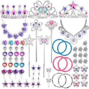 Liberty Imports 50 PCS Princess Jewelry Dress Up Accessories, Pretend Play Set Jewelry Party Favors for Girls Cosplay Party Favors with Crown Wand Ring Earring Necklace