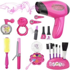 Stylish Girls Beauty Stylist Play Set – Complete Pretend Hair Salon Station Gift Playset with Toy Blow Dryer, Curler, Mirror, Make Up & Styling Tools (18 Pieces)