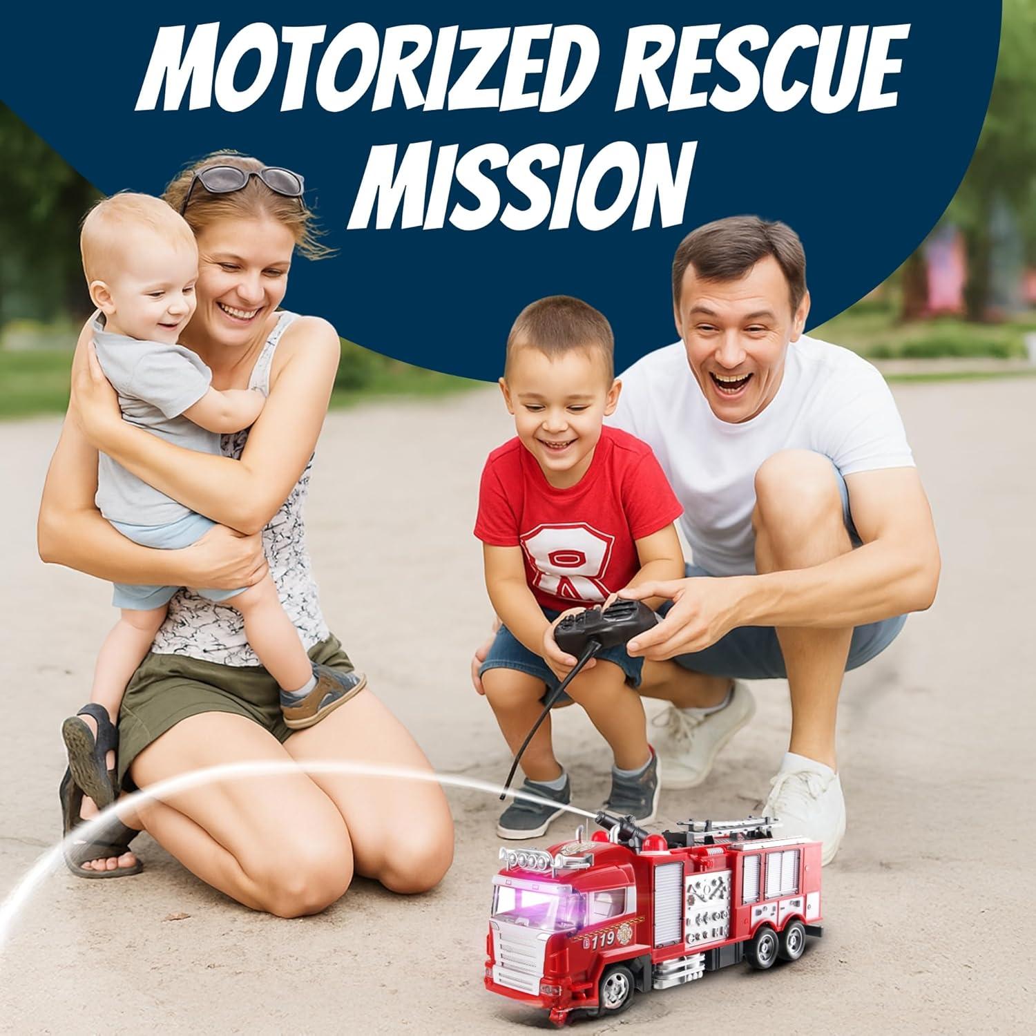 imageLiberty Imports RC Rescue Fire Engine Toy Truck Radio Control Electric RC Fire Truck with Lights Sound Working Water Cannon Pump Shoots and Squirts Water Toys for Kids