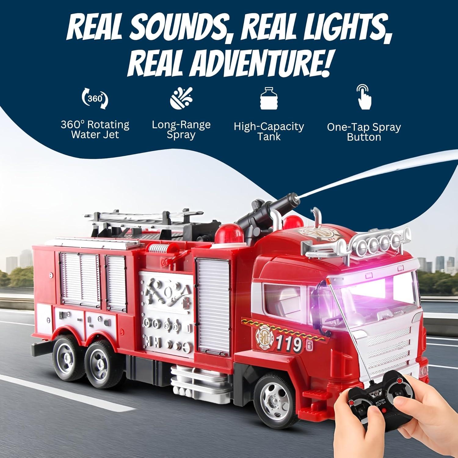imageLiberty Imports RC Rescue Fire Engine Toy Truck Radio Control Electric RC Fire Truck with Lights Sound Working Water Cannon Pump Shoots and Squirts Water Toys for Kids
